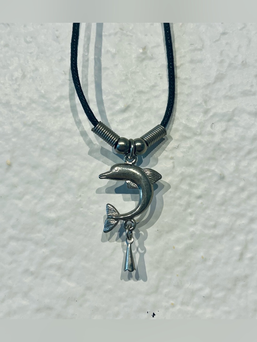 Vintage Y2K Silver Tone Dolphin Pendant Necklace on a Black Cord